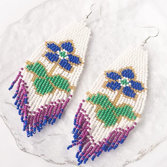 Long 6" Handmade Beaded Blue Purple Flower Oversized Earrings Beads Handcrafted - Picture 4 of 5